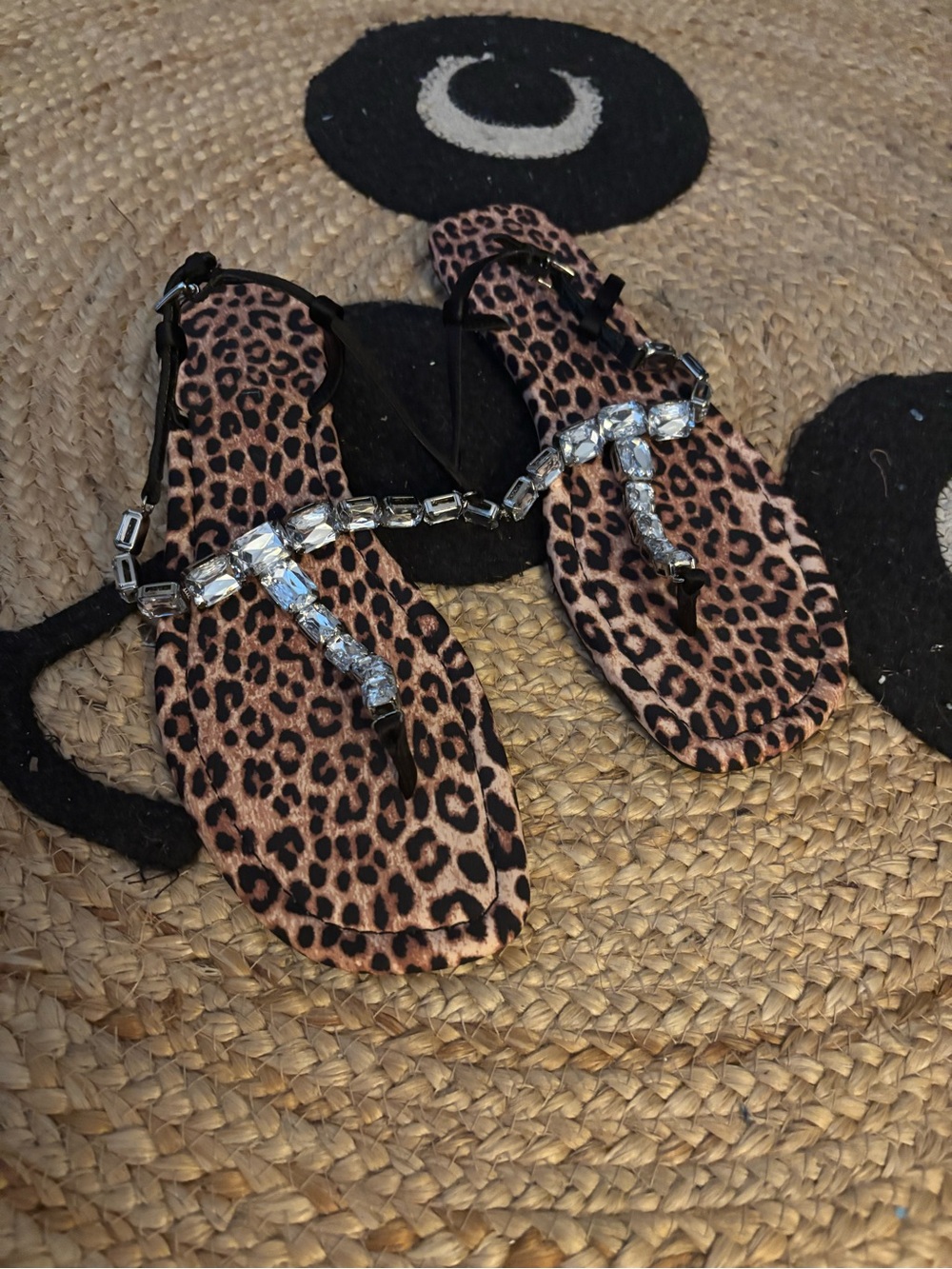 Nine West Leopard Print Jeweled T-Strap Sandals - Black & Brown